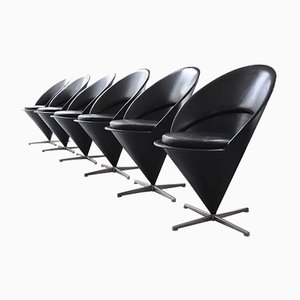 Vintage Cone Chairs aus Schwarzem Leder von Verner Panton für Gebrüder Nehl, 6er Set