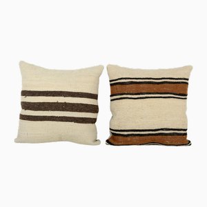 Fundas de almohada kilim tribales de cáñamo turcas vintage minimalistas tejidas a mano, década de 2010. Juego de 2