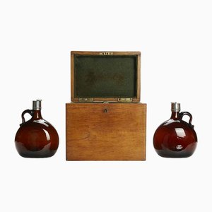 Eichenholzkiste mit Likörflaschen, 1800, 3er Set
