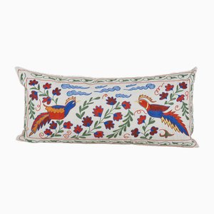 Housse de coussin de lit longue en coton ouzbek Suzani avec motif d'oiseau et arbre de vie