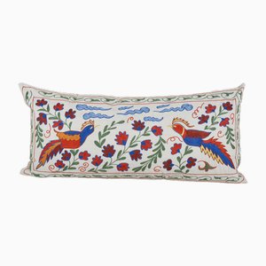 Long Cotton Fabric Uzbek Suzani Bed Cushion Cover with Bird Motif and Tree of Life