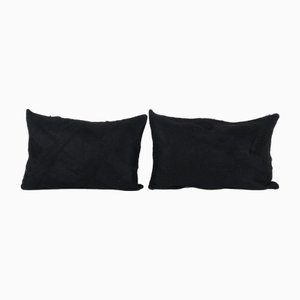 Anatolian Handmade Organic Black Lumbar Kilim Cushion Covers, Set of 2