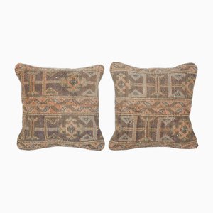 Turkish Tribal Tan and Brown Oushak Rug Cushion Covers, Set of 2