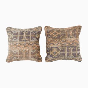 Turkish Tan and Brown Wool Oushak Rug Cushion Covers, Set of 2