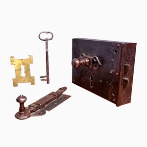 Large Dutch Historical Door Lock and Key, 1717, Set of 4