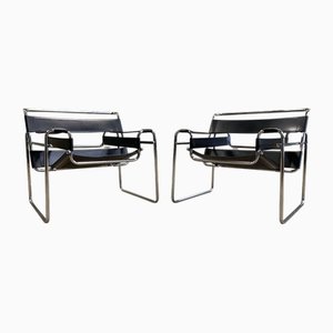 Tubular Chrome and Black Leather Wassily Chair B3 Later Habitat Version by Marcel Breuer, Set of 2