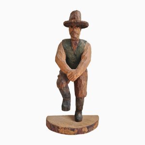 20th Century Hand Carved Naive Wooden Square Dance Cowboy, 1940s