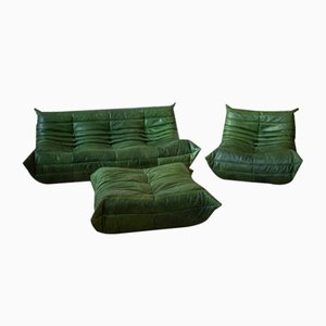 Dubai Green Leather Togo Lounge Chair with Pouf and Three-Seater Sofa by Michel Ducaroy for Ligne Roset, Set of 3
