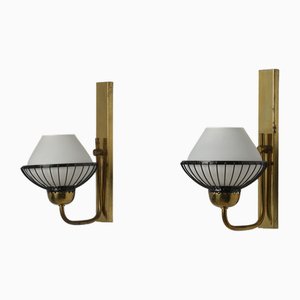 Mid-Century Italian Wall Lights in Brass and Opal Glass, 1950s, Set of 2