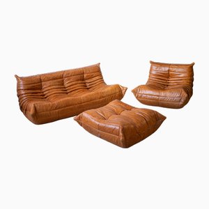 Pine Leather Togo Lounge Chair with Pouf and Three-Seater Sofa by Michel Ducaroy for Ligne Roset, Set of 3