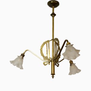 Three-Light Chandelier with Opaline Glass Lampshades, 1910s
