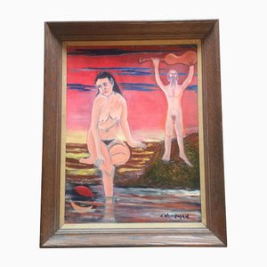 Desnudos en el paisaje, años 70, Acrílico sobre lienzo, Enmarcado