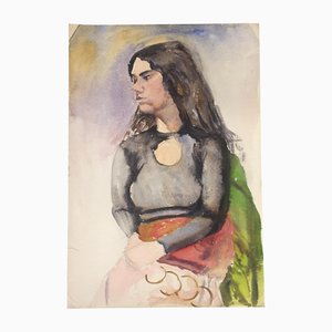 Female Portrait, 1970s, Watercolor on Paper, Framed