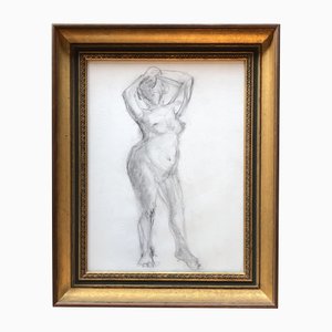 Boceto de desnudo femenino, años 70, carboncillo sobre papel, enmarcado