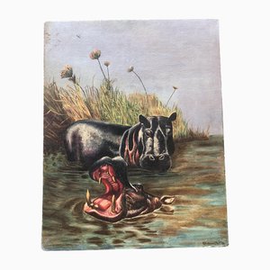Hippos in Water, 1950s, Peinture sur Toile