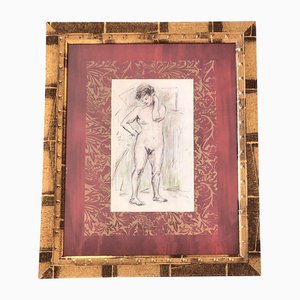 Female Nude, Ink & Colored Pencil Drawing, 1950s, Framed