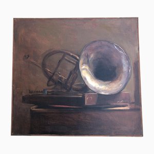 Joseph Daneiger, Bodegón con instrumento musical, años 70, Pintura sobre lienzo