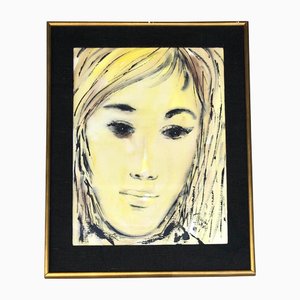 Grand Portrait de Femme, 1960s, Peinture sur Papier