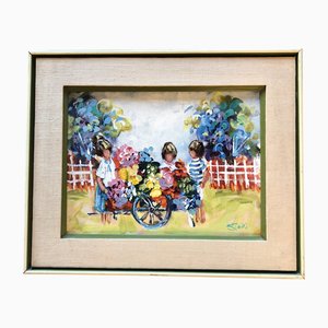 Enfants avec Chariot de Fleurs, 1970s, Peinture sur Toile, Encadré