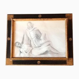 Estudio con desnudo de mujer, años 60, Carbón sobre papel, enmarcado