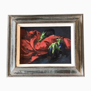 Nature Morte avec Aubergine & Drapé Rouge, 1970s, Peinture sur Toile