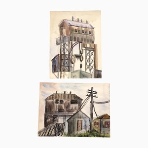 Industrial Scenes, 1970s, Watercolors, Set of 2