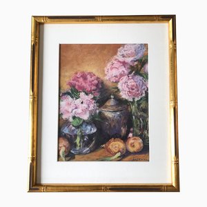 Still Life with Pink Roses, 1960s, Pastel Drawing, Framed