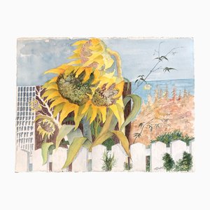 Sonnenblumen-Meereslandschaft, 1970er, Aquarell auf Papier