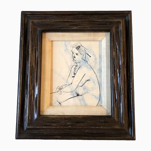 Abstract Female Nude, 1950s, Ink Drawing, Framed