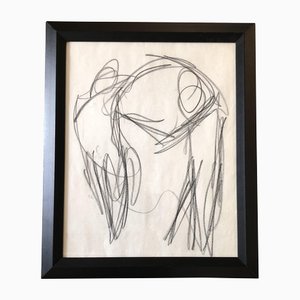 Double Figure Abstract Study, Charcoal Drawing, 1960s, Framed