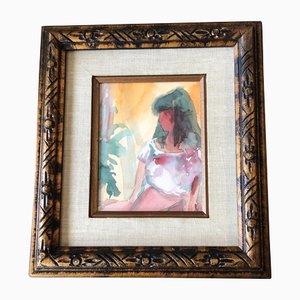 Abstract Female in Interior, 1970s, Watercolor, Framed