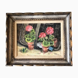 Still Life with Geraniums & Basket, 1970s, Painting on Canvas, Framed