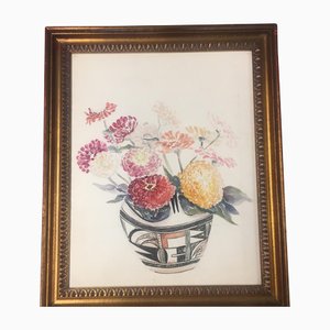 Zinnias in Indian Pot, 1970s, Watercolor on Paper