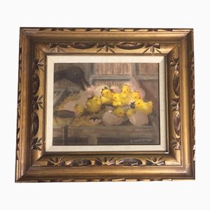 Chicks in Barn, 1970s, Painting on Canvas, Framed