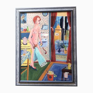 Interno di nudo femminile modernista, anni '70, dipinto su tela