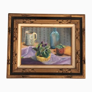 Still Life with Violets, 1960s, Painting on Canvas, Framed