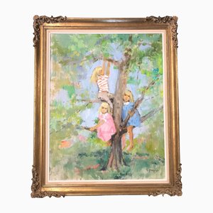 G Maurice, Kinder im Baum, 1970er, Gemälde auf Leinwand
