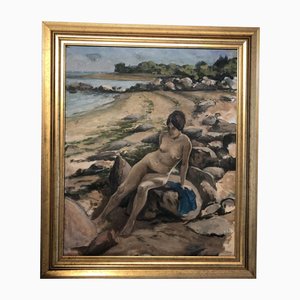 Modernist Female Nude at the Beach, 20th Century, Painting on Canvas