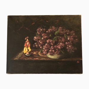Bodegón con lilas y figura, años 80, Pintura sobre lienzo