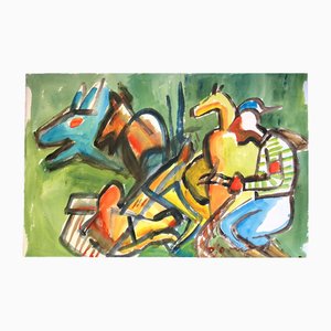 Cheval & Jockey Abstrait Moderniste, 1970s, Aquarelle sur Papier