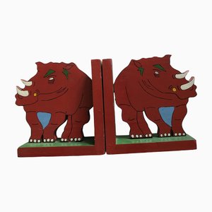 Handgefertigte Vintage Rhinoceros Kinderbuchstützen aus Holz, 2er Set