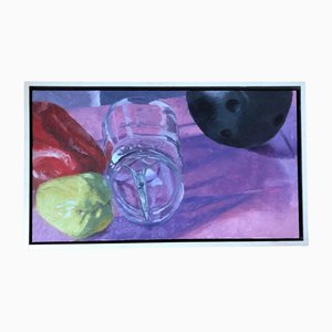 Bodegón abstracto con bola de boliche, pimientos y tijeras, década de 2000, Pintura sobre lienzo, Enmarcado