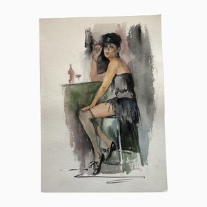 Frauenfigur Barszene, 1980er, Aquarell