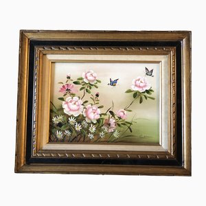 Chinese Artist, Pink Flowers & Butterflies, 1960s, Painting on Canvas, Framed