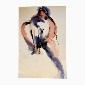 Abstract Female Nude, 1980s, Watercolor on Paper