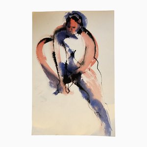 Nu Féminin Abstrait, 1980s, Aquarelle sur Papier
