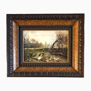 Small European Landscape with Ducks, 1970s, Paint on Wood, Framed