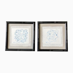 Wayne Cunningham, Untitled, 1980s, Abstract Blue Ink Drawings, Framed, Set of 2