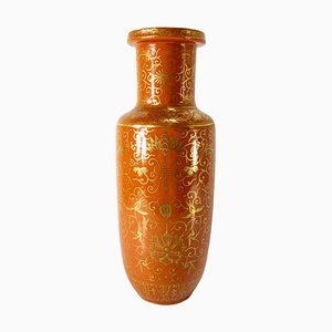 Chinese Orange Glaze Rouleau Vase with Gilt Decoration