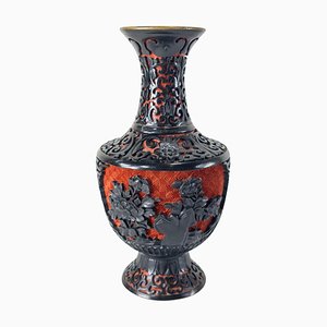 Chinesische Chinoiserie Lackvase aus schwarzem und rotem Zinnober